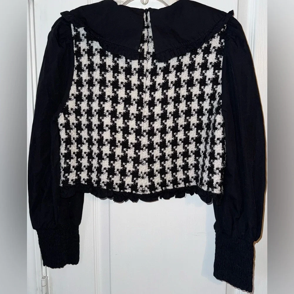 Zara Houndstooth Tweed Peter Pan Collar Cropped Top Size S